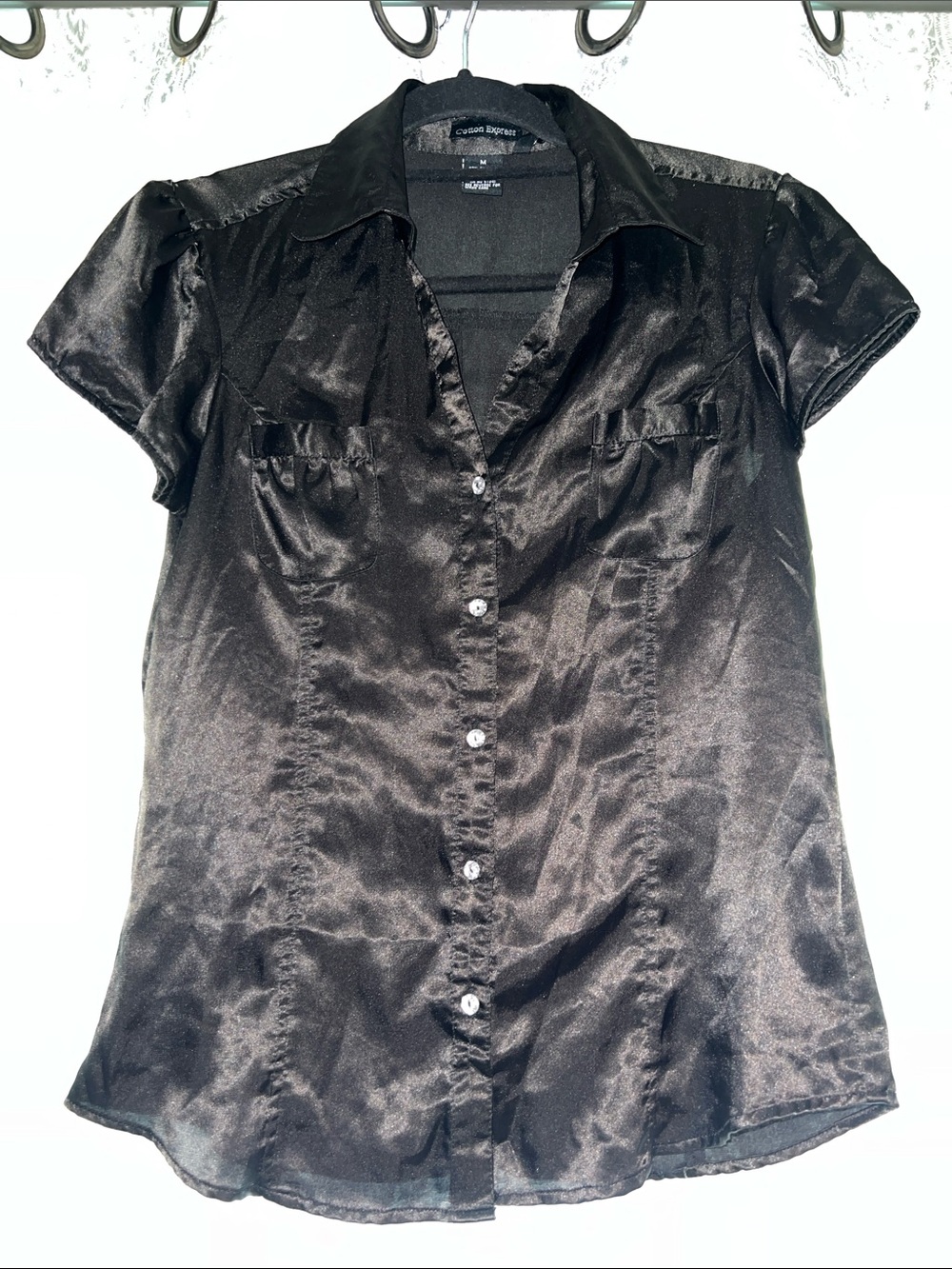 Cotton Express Black Satin Button-Down Short Sleeve Blouse